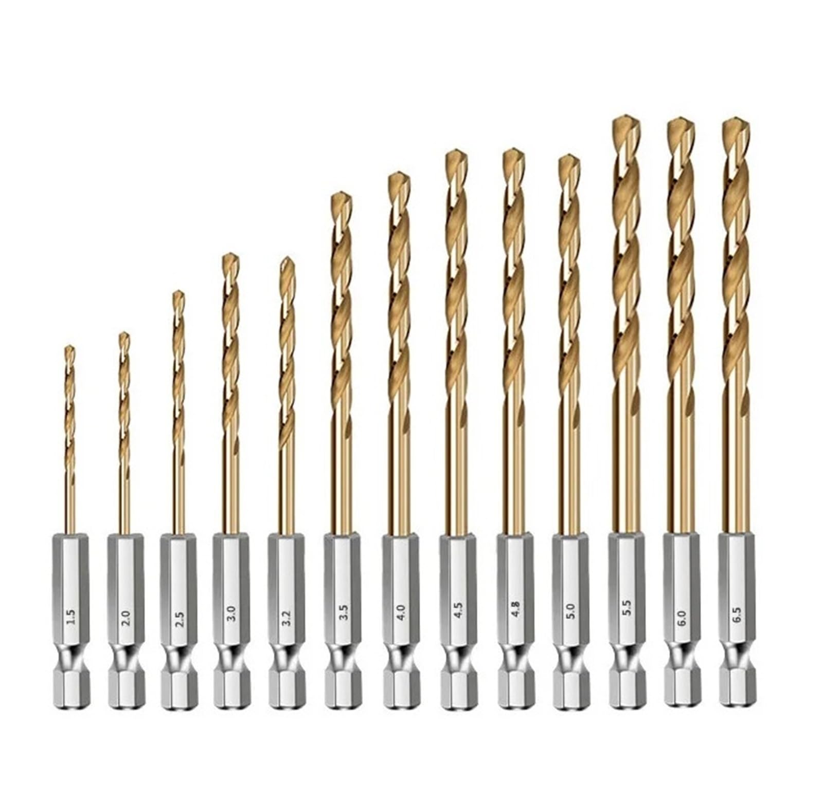 Wiertła kręte, wiertła do metalu, drewna pokryte tytanem HSS 1/4 chwyt sześciokątny rozmiary 1,5-6,5 mm(13pcs 1.5 6.5mm)