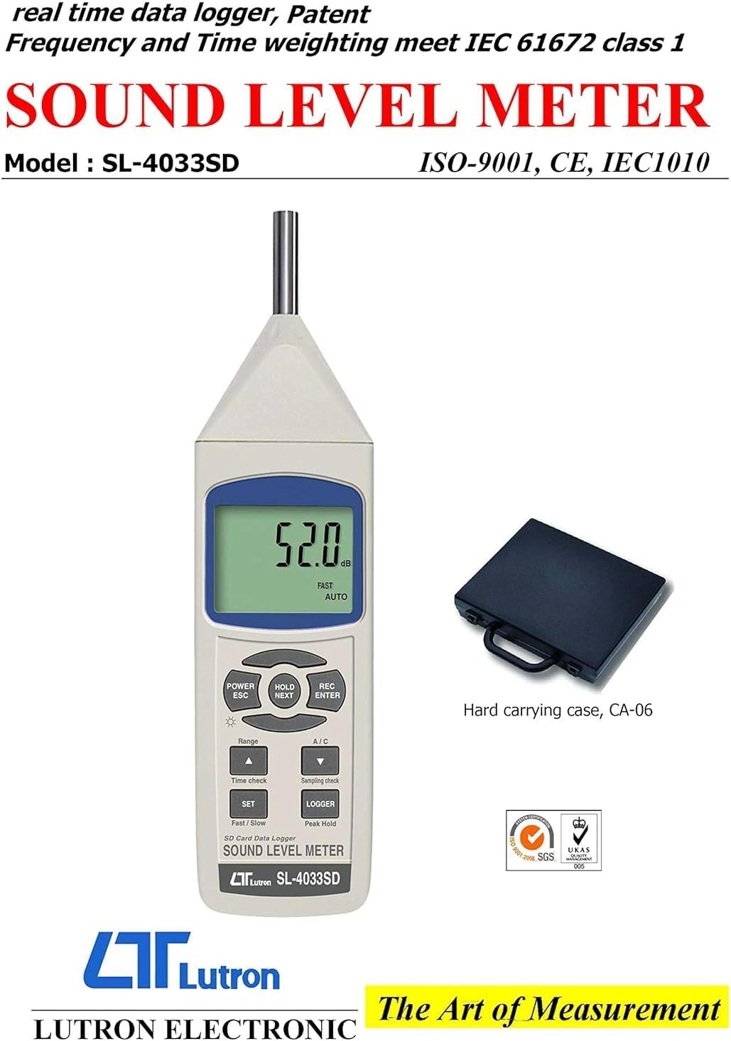 Sonómetro Profesional Lutron SL-4033SD Clase 1 | Medidor de Nivel Sonoro Digital de 30–130 dB | Medidor de Decibelios para Ruido Industrial, Ambiental y Vehículos | Certificado de Calibración