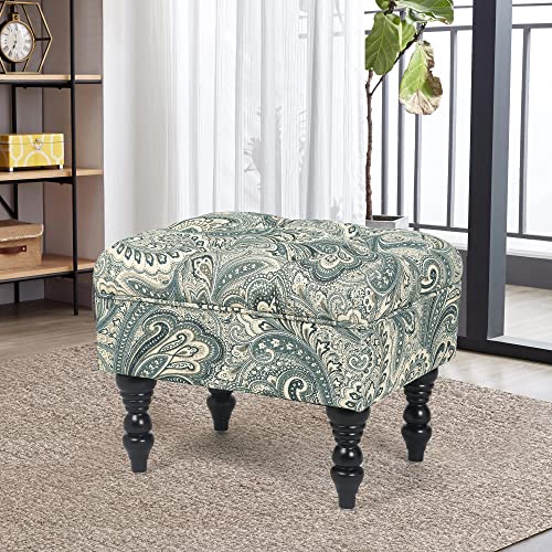 Adeco 20’’ Tufted Ottoman- Vanity Ottoman Stool With Sturdy Wood Legs- Mid-Century Teal Boho Paisley Floral Faux Linen Upholstered Foot Rest #TOP1