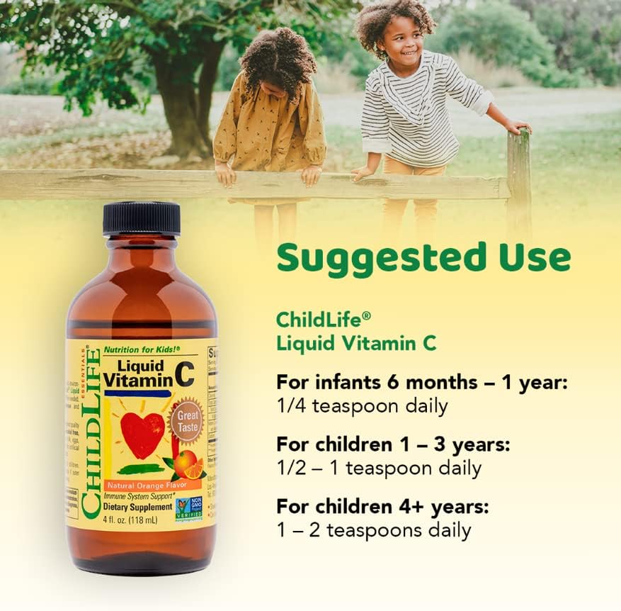 CHILDLIFE ESSENTIALS Liquid Vitamin C - Immune Support, Vitamin C Liquid, All-Natural, Gluten-Free, Allergen Free, Non-GMO, High in Antioxidants - Orange Flavor