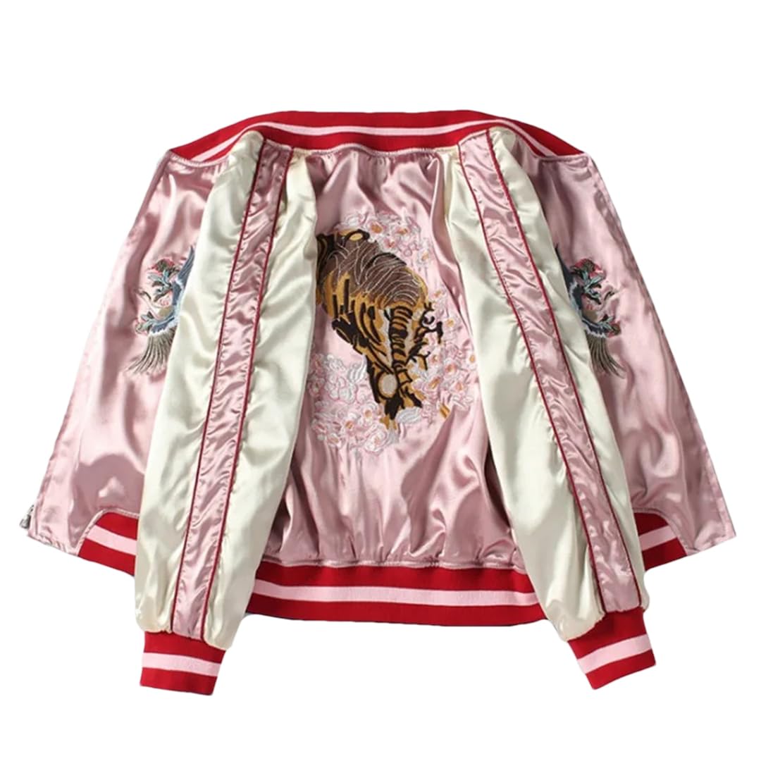Satin-Tiger-Bomberjacke, bestickt, für Damen, Baseballjacke, japanischer Harajuku, weiblicher Mantel