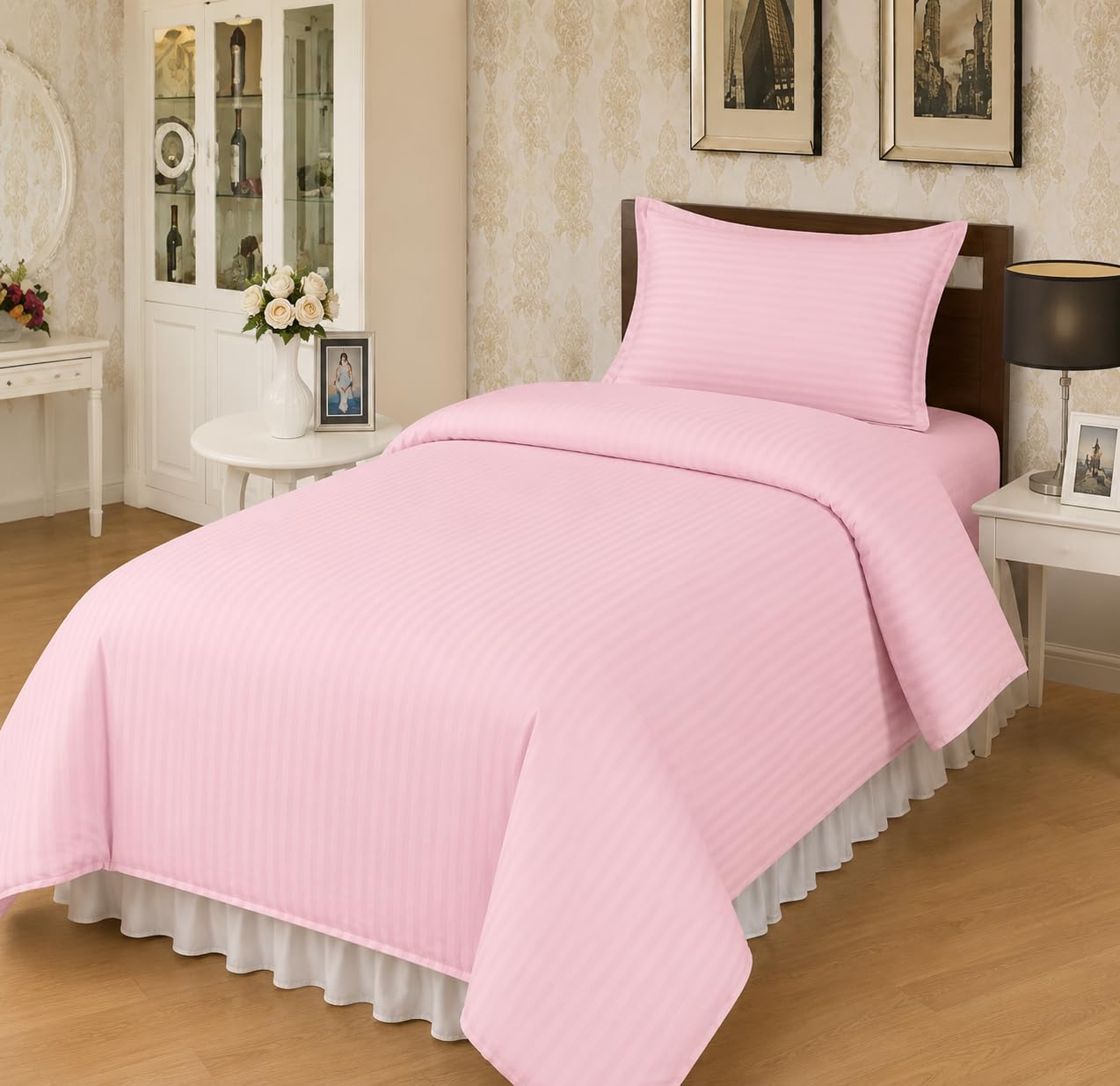 200 TC Cotton Satin Stripe Size Single Bedsheet for Single Bed with 1 Pillow Covers | Soft & Breathable Cotton Bedding Set (Light Pink, 60 x 90 Inches)-image-20