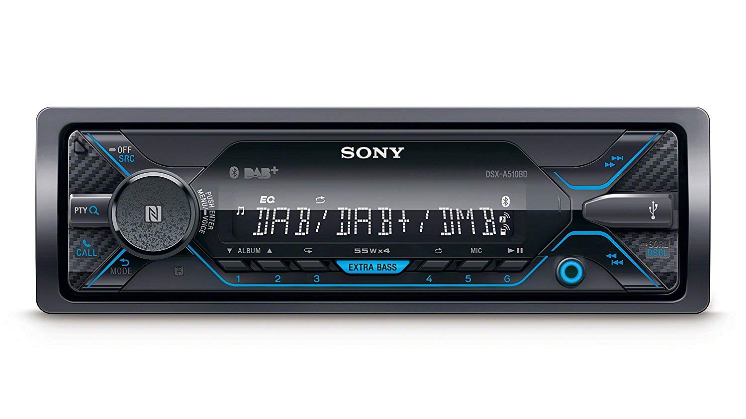 Sony DSX-A510 DAB+ Autoradio | Dual Bluetooth, NFC, USB und AUX Anschluss | Blaue Beleuchtung | Freisprechen und Streaming, blau