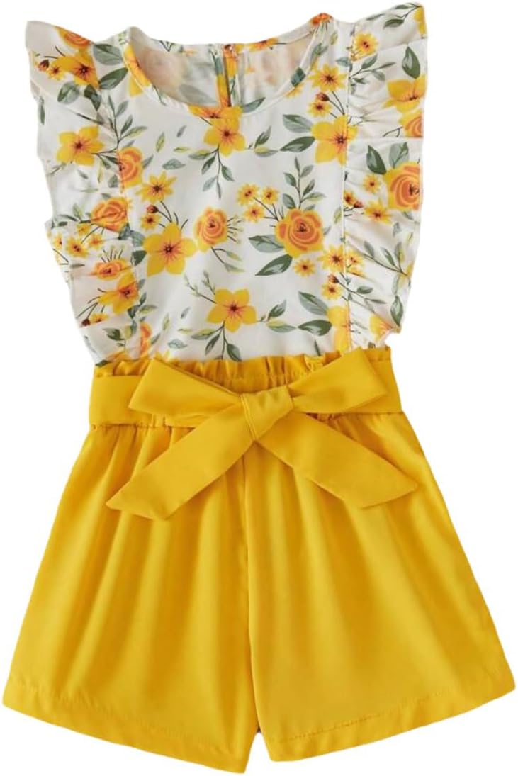 Toddler Kid Girl Outfits Clothes Floral Short Sleeve T-Shirt Top + Waist Pocketed Summer Short Set Girl Clothes
