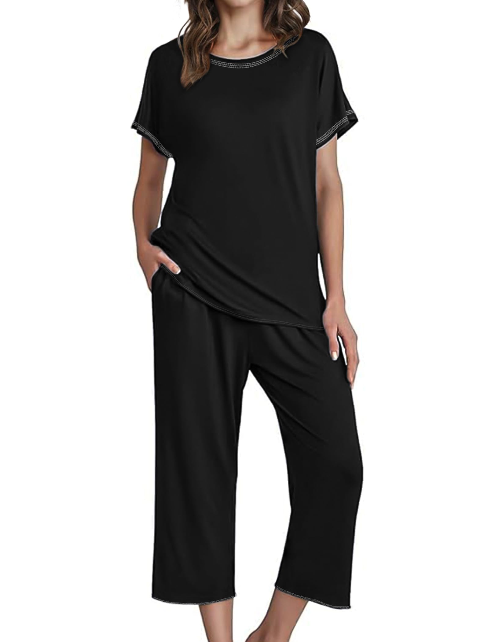 Womens Capri Pajama Sets Short Sleeve Sleepwear Top and Pants Floral Printed Lounge Sets with Pockets