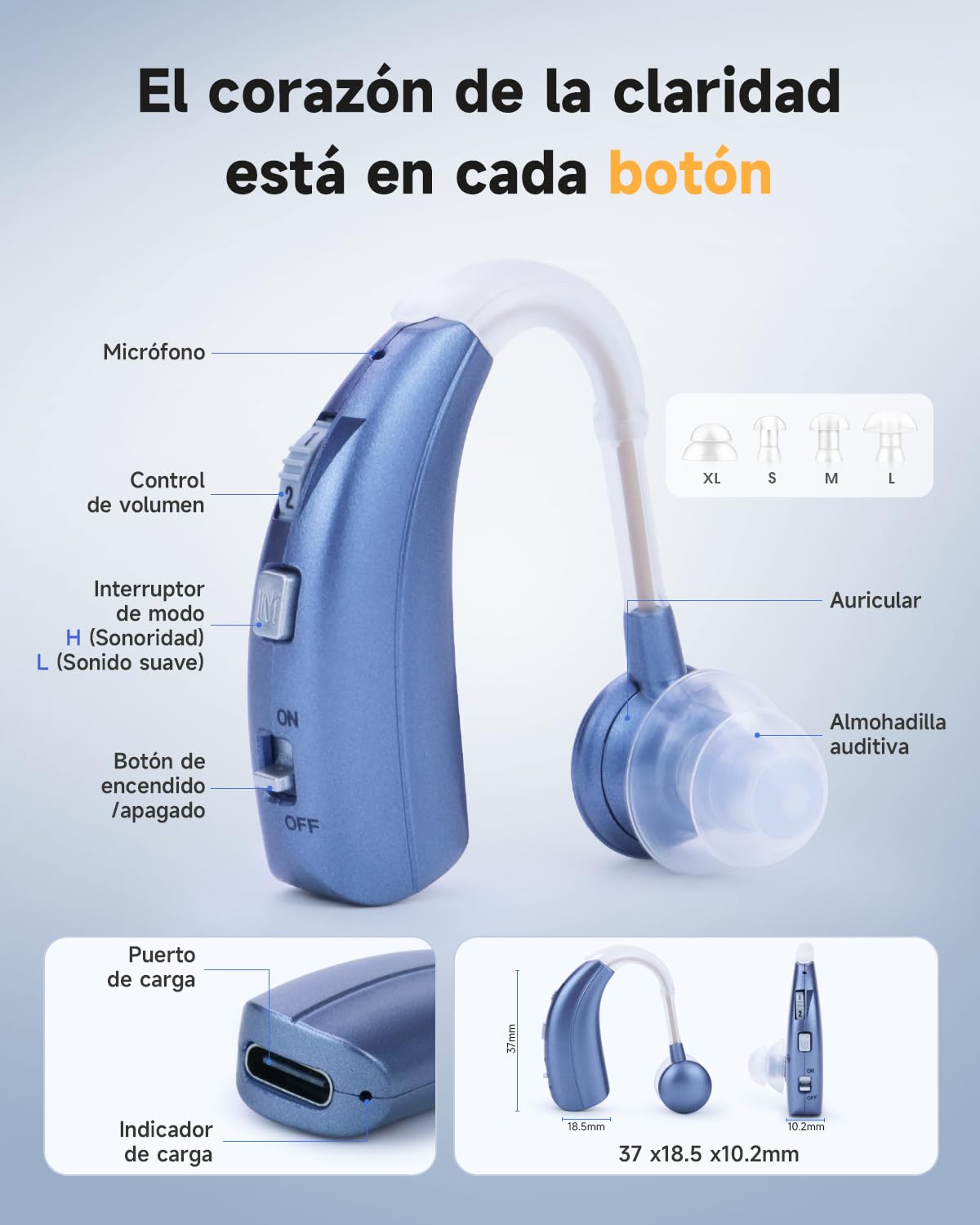 Britzgo dispositivo recargable con modo dual, 40 horas de audición clara, suaves ganchos de TPE (1, Azul)