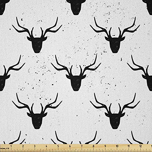 Image of Ambesonne Deer Fabric by The Yard, Deer Head with Antlers Silhouette Form Stained Worn Background Animal Illustration, Microfiber Fabric for Arts and Crafts Textiles & Decor, 2 Yards, Black White