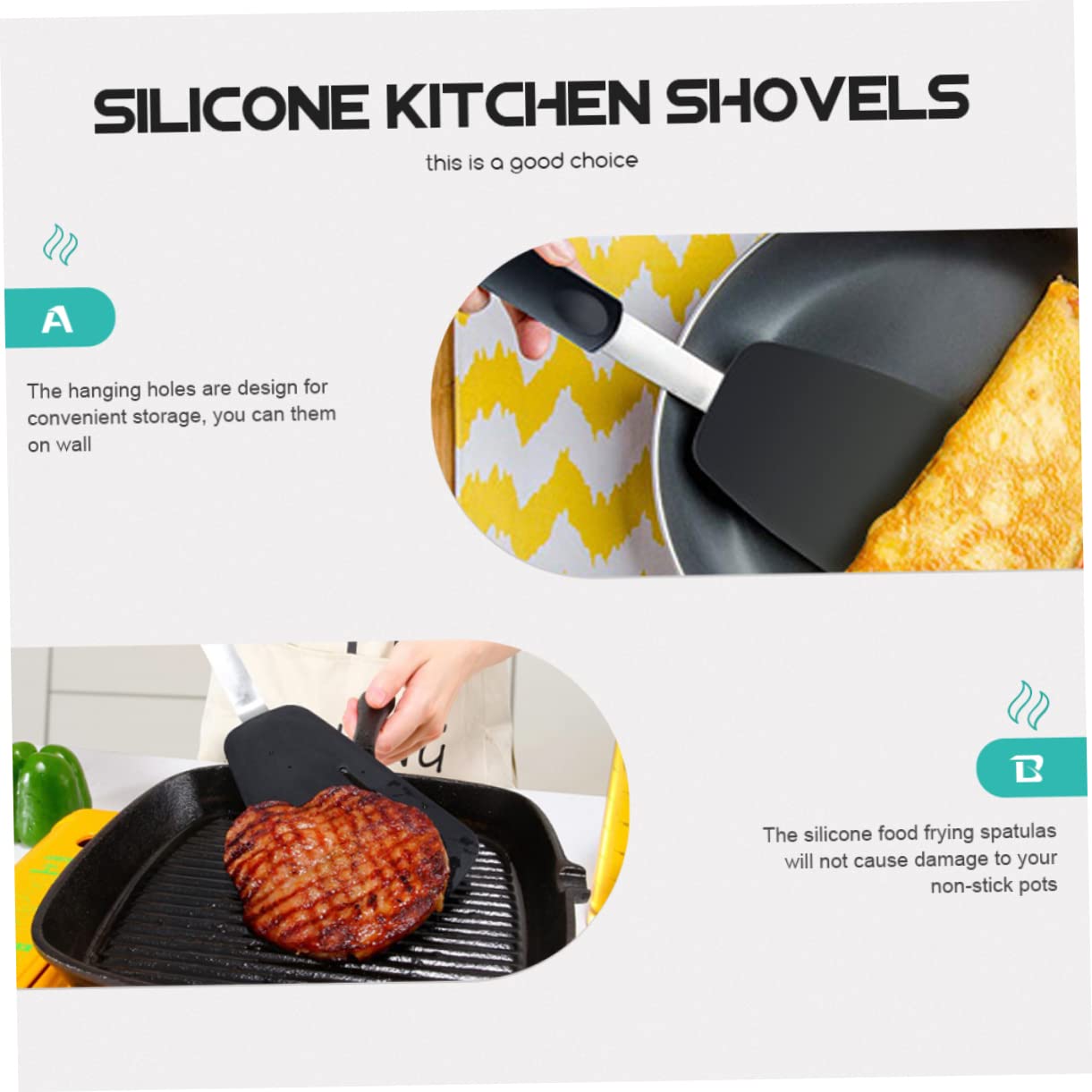 Set di 3 Spatole in Silicone Nero per Cucina e Bistecca