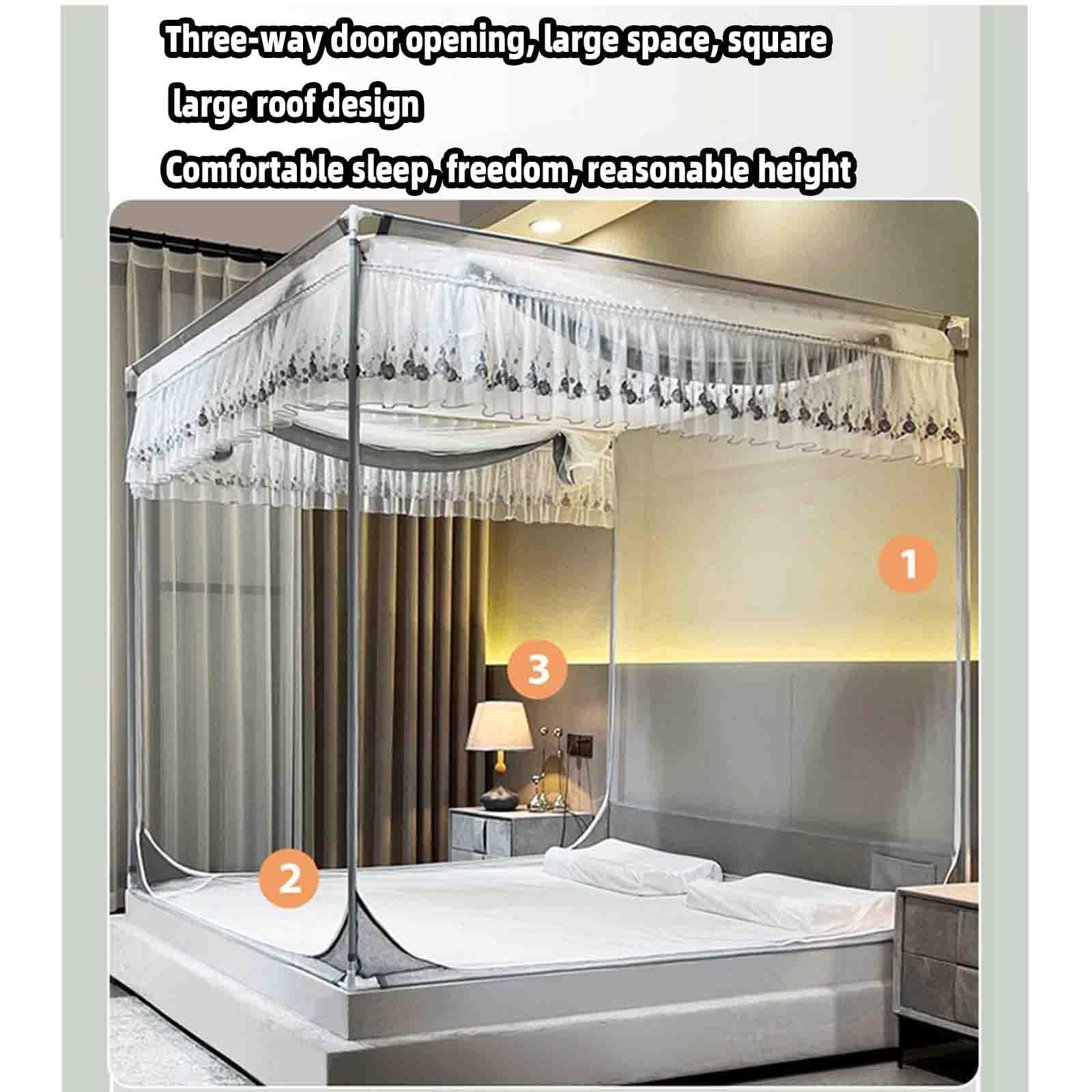 JUSHZ Moustiquaire De Lit Mousticaire Moustiquaires Lit Double De Lit Simple avec Cadre 2 Places 1 Place Carré été avec Fond Fermeture éclair (200x220cm,White)