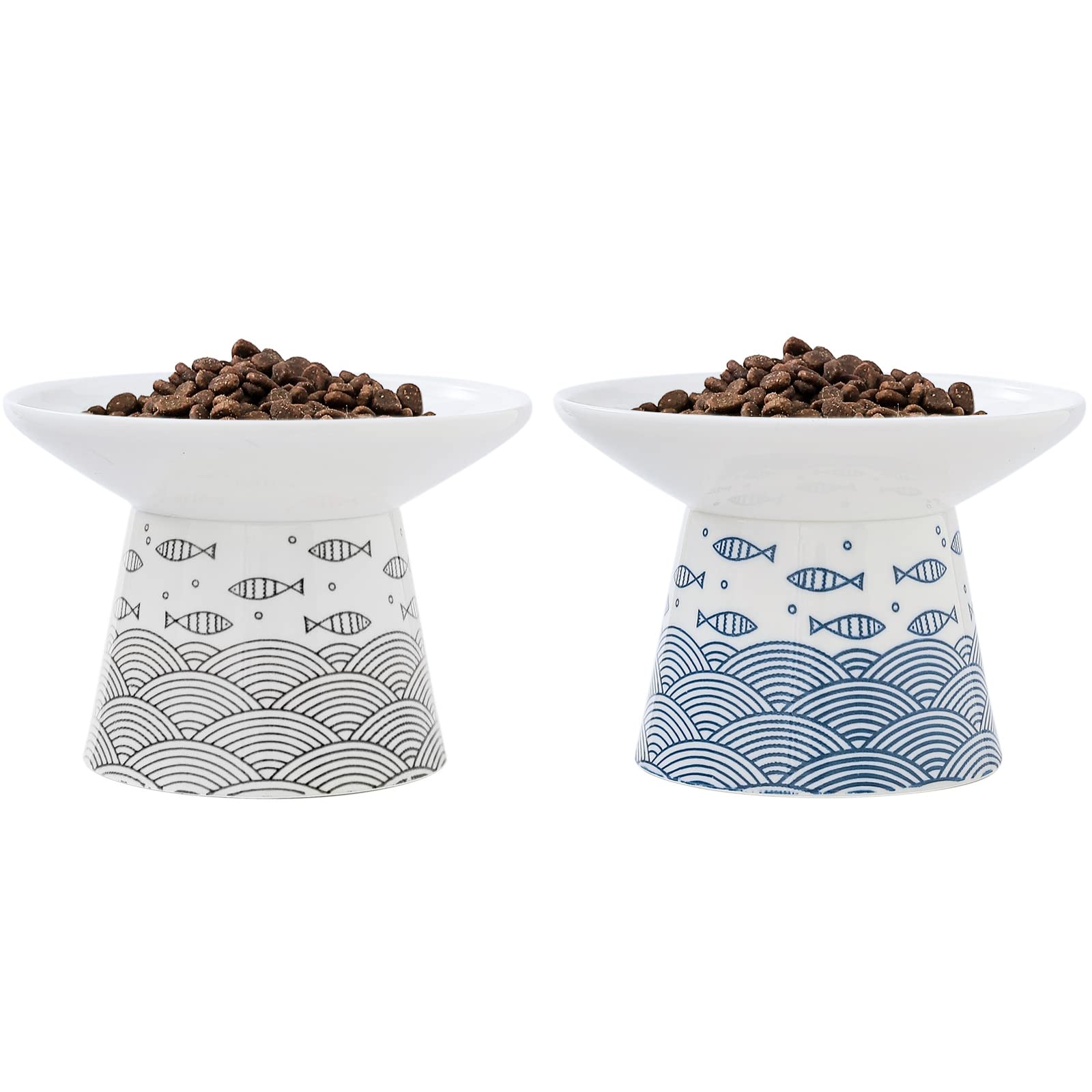 TAMAYKIM 6.25 Inch Extra Wide Raised Ceramic Cat Bowls, Food & Water Bowls for Elder Big Cats and Small Dogs, Elevated Heavy Sturdy Base Pet Feeder Dish, Stress Free, Protect Cat's Spine, Blue & Black