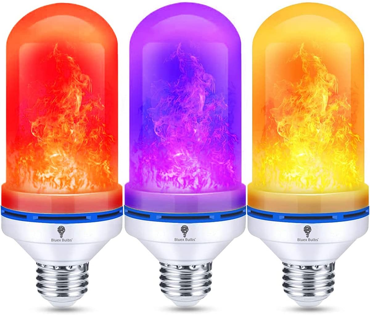 3 Pack LED Flame Light Bulbs Red Orange Purple Fire Bulbs - Decorative Fire Light Bulb 3 Mode 7W E26 - Red Orange Purple Light Bulbs for Party Halloween Bulbs, Indoor & Outdoor Flickering Light Bulbs