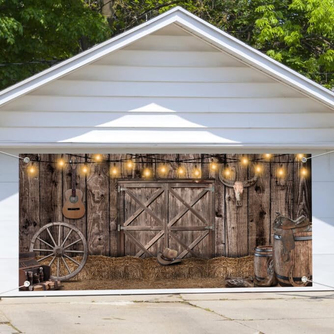 8X6ft Rustic Wood Garage Door Banner, Wood Barn Door Garage Door Backdrop Brown Wooden Garage Door Cover, Western Cowboy Photography Background Birthday Party Baby Shower Party Decor Banner