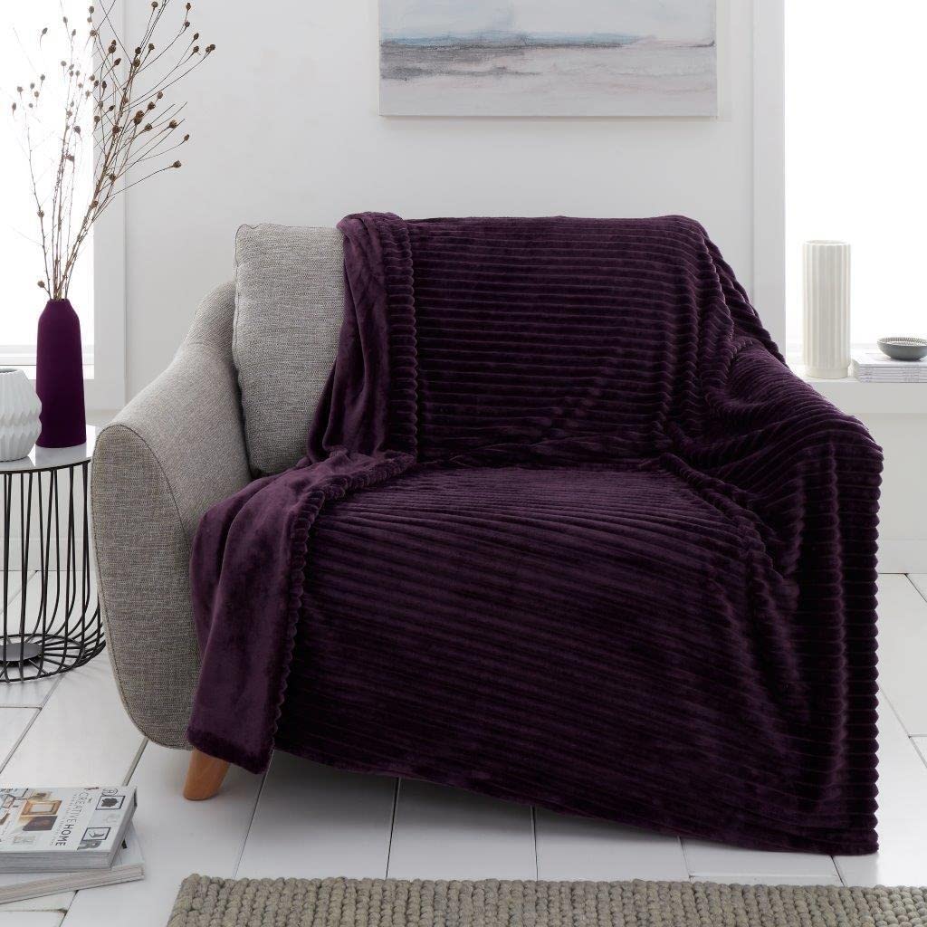 De Lavish Chunky Rib Teddy Flannel Fleece Throw Blanket Sofa Sette Couch Cuddly Cosy Soft Bed Double Size,Purple