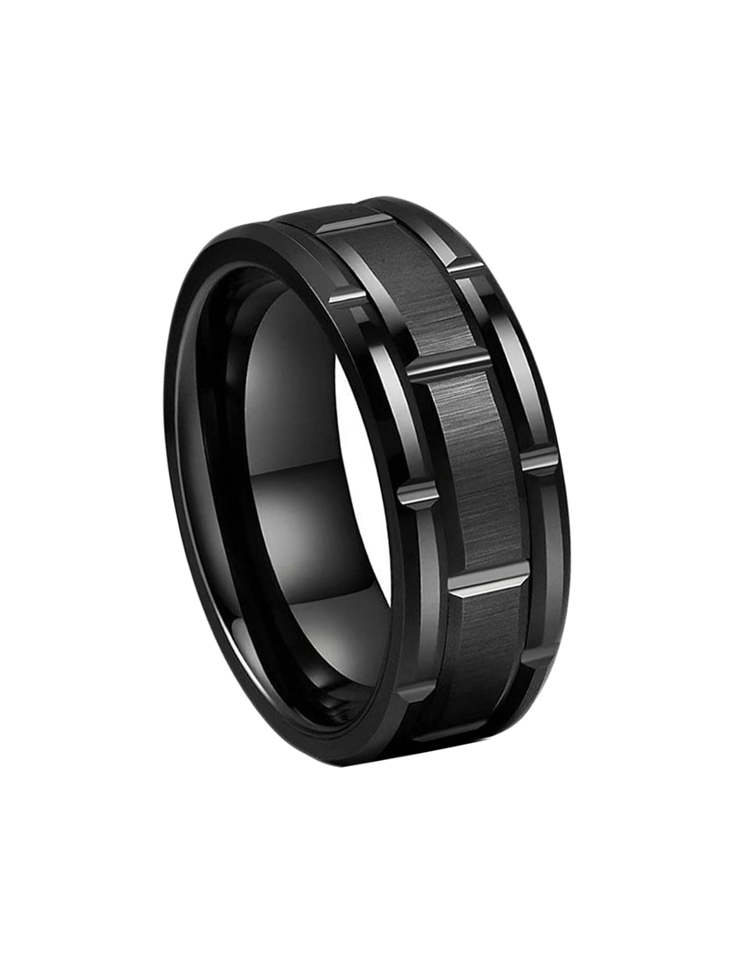Rings for Men Stainless Steel Black Ring Brick Pattern Band Finger Ring for Men and Boys.