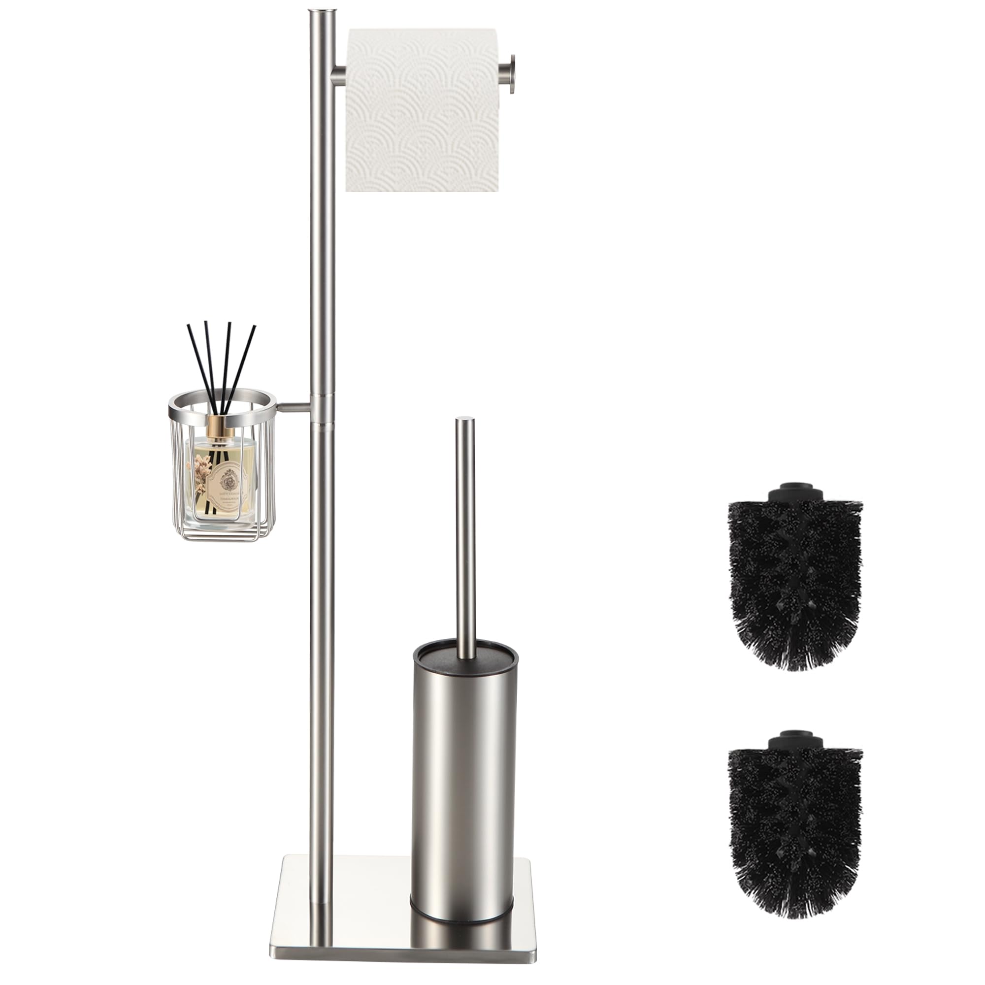 DAZI Toilet paper holder with toilet brush and storage basket, Toilet paper holder Freestanding stainless steel, 3-in-1 black toilet roll holder minimalist and space-saving design (Brush nickel)