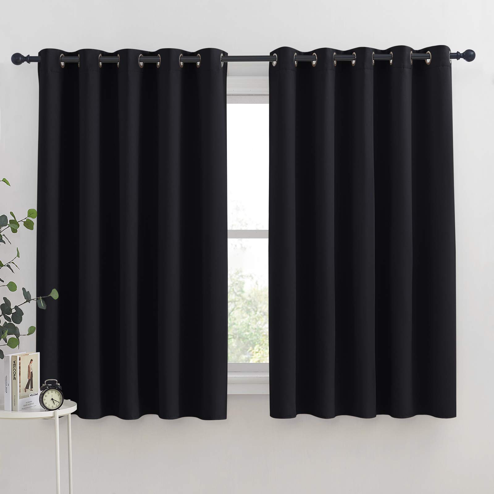 NICETOWN Bathroom Blackout Curtains and Drapes, Black Solid Thermal Insulated Grommet Blackout Drapery Panels for Window (2 Panels, 70 inches Wide by 63 inches Long, Black)