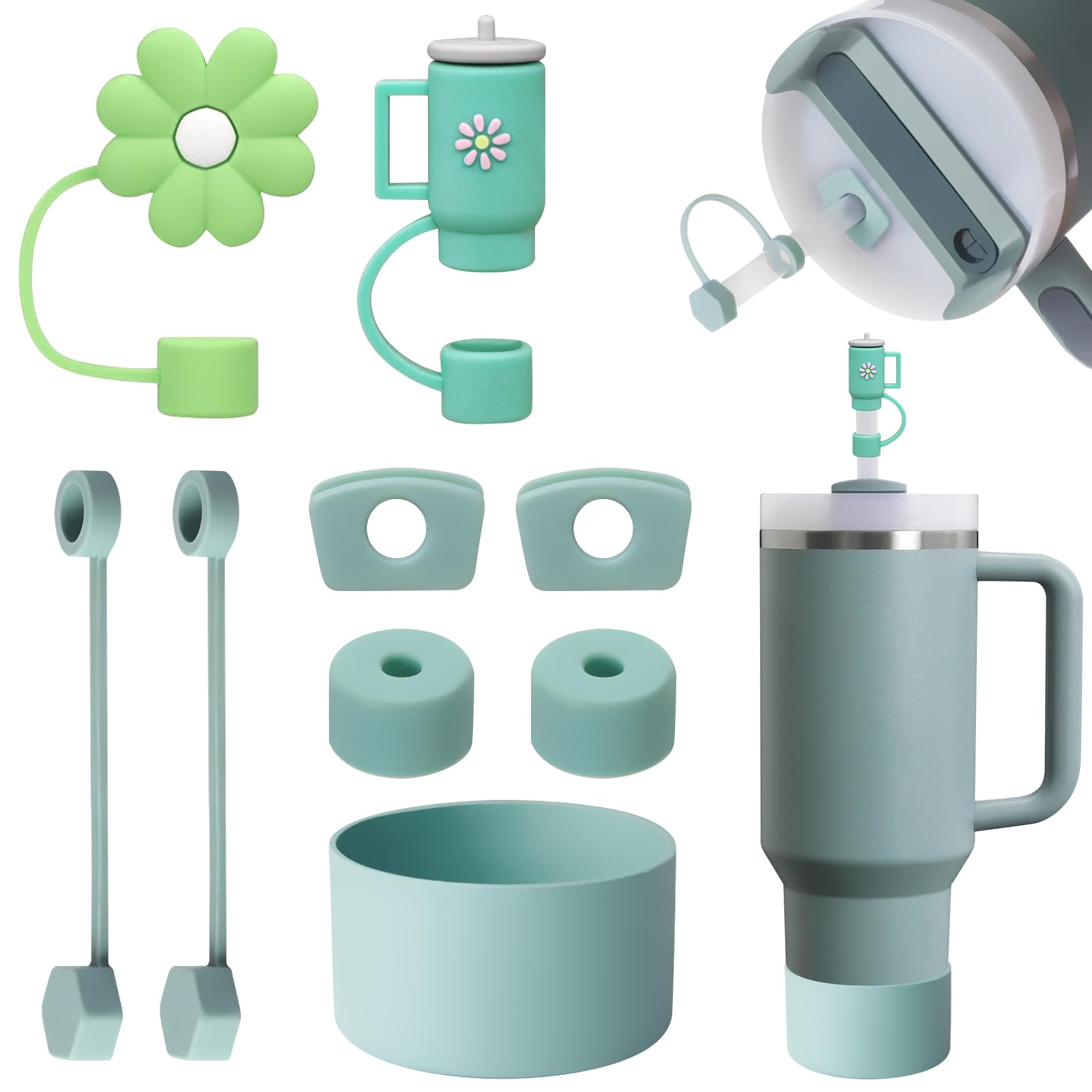 JiangLin 9 Stück Stanley Cup Zubehör Set,Enthält 2 Stanley Cup Strohhalm Abdeckung,1 Bottom Schutz Silikonhülle,6 Auslaufschutz Silikonstopfen für Stanley Cup Quencher Accessories 1.2L (Green