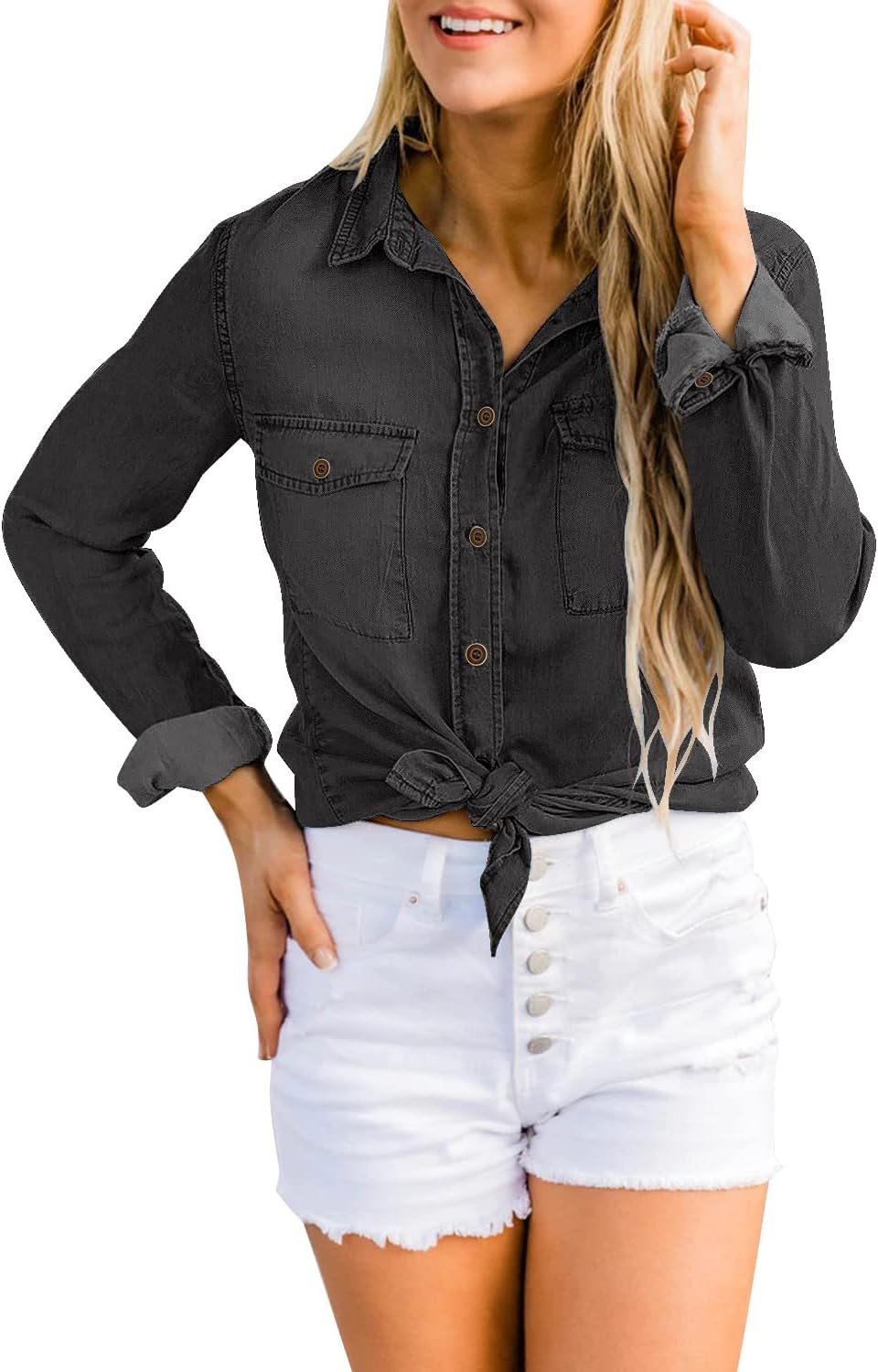 LookbookStore Women's Long Sleeve Collared Shirt Button Down Denim Blouse Tops