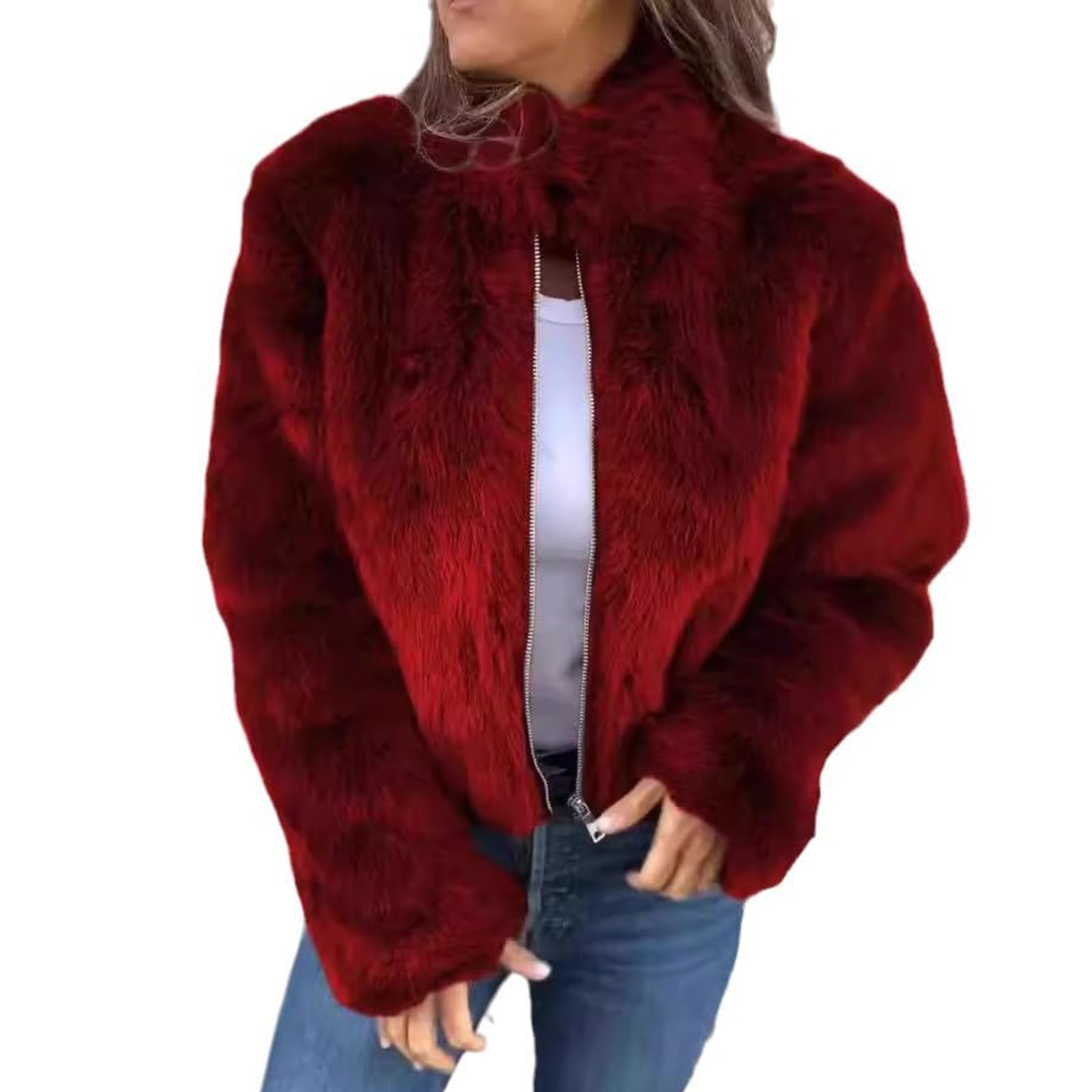 Nbzsmlkn Women's Red High Collar Fur Zipper Casual Jacket,Shaggy Warm Open Front Cardigan Coat Casual Long Sleeve Fluffy Outerwear, Cropped Faux Fur Jacket (,Xl)