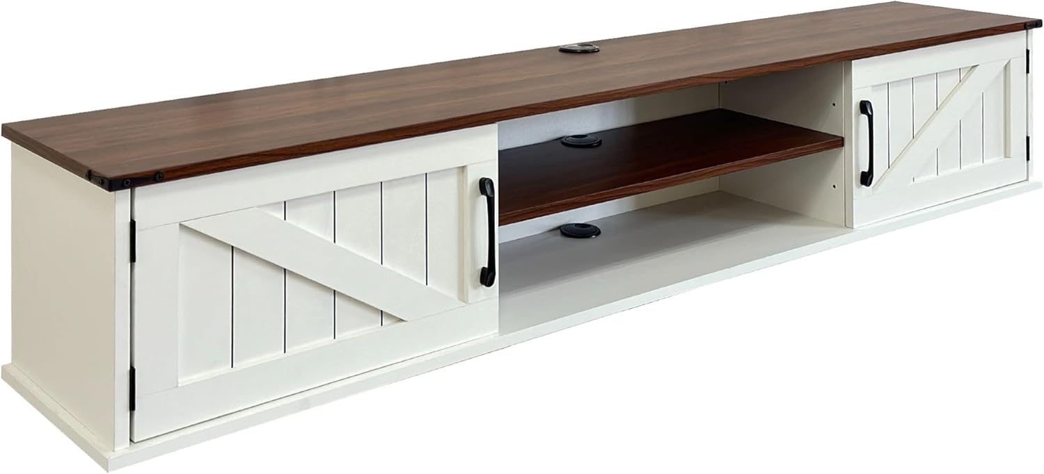 WERSMT Farmhouse Floating TV Stands with Barn Doors, 63'' Wall Mounted TV Console for TVs up to 80'', Floating TV Entertainment Shelf with Adjustable Shelves for Living Room, Bedroom, Walnut