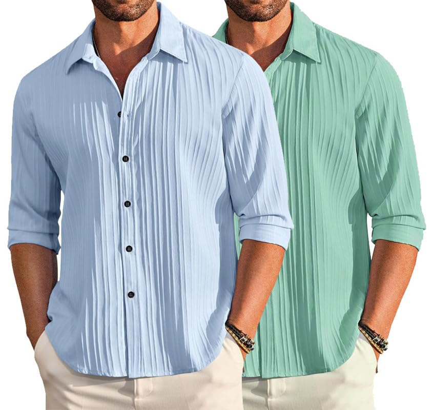 Image of DEELMO Combo of Men's Casual Button Down Shirts Long Sleeve Linen Shirt Fashion Textured Summer Shirts Pack of 2