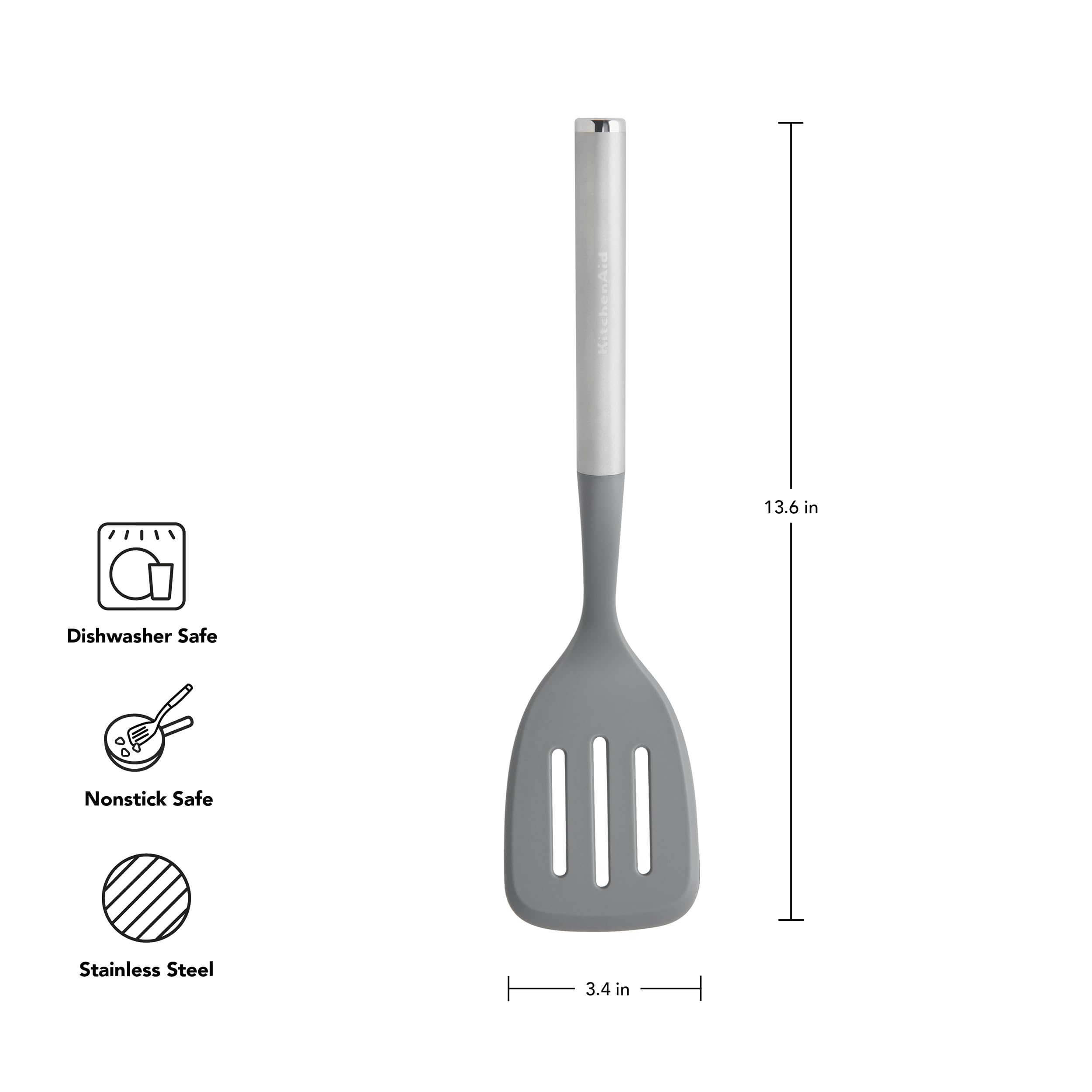 KitchenAid Pfannenwender mit Schlitzen und übergroßem antihaftbeschichtetem Kopf und Edelstahlgriff, lässt Fett und Flüssigkeiten leicht ab, langlebig und spülmaschinenfest