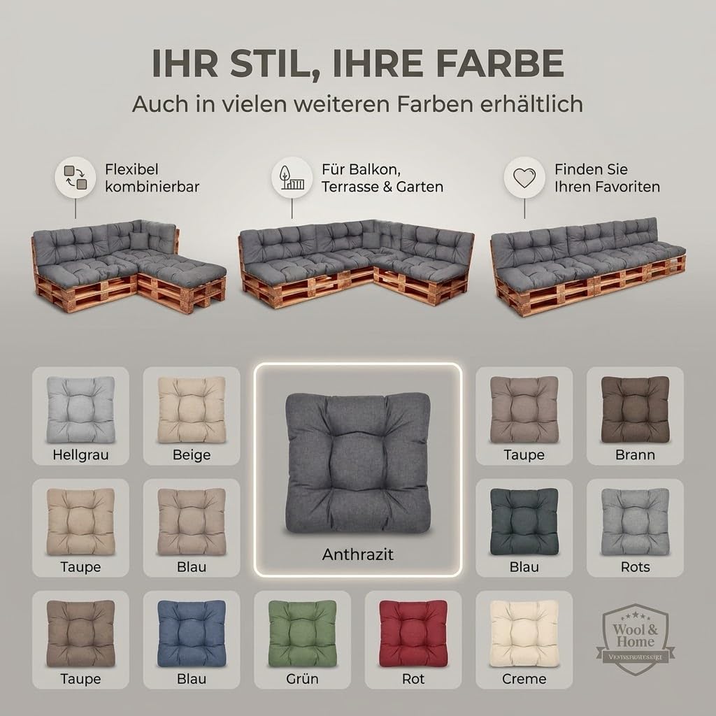 Wool & Home Palettenkissen Set für Gartenmöbel, 8-Teilig, Gesteppt, mit Polsterschaumfüllung, für Lounge, Palettensofa, Terrasse, Balkon und Garten Anthrazit