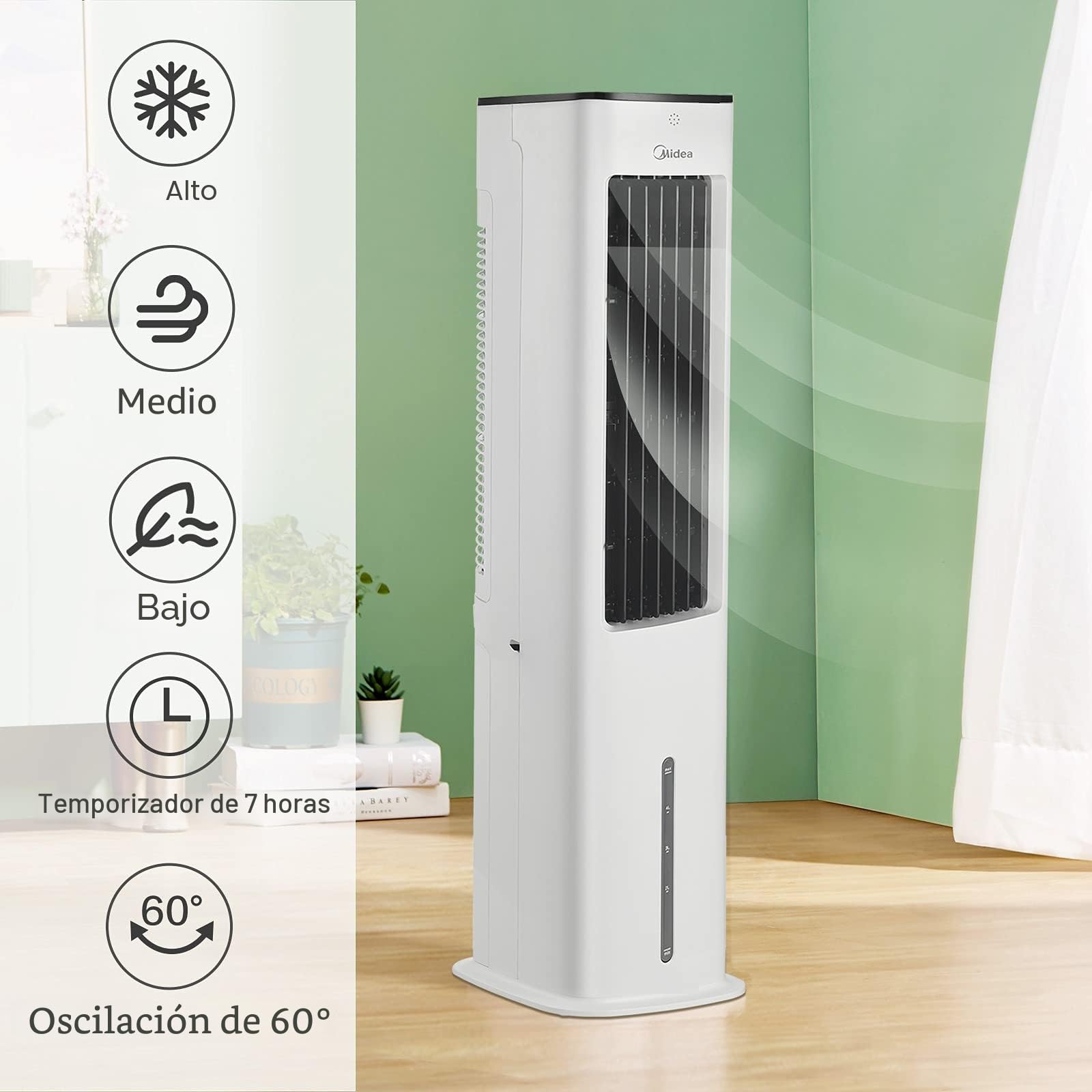 Midea Enfriador de Aire 4 en 1, Ventilador con Refrigeración por Agua de 5L, Humidificador e Ionización, Aire Acondicionado sin Manguera de Escape, 355m³/h, con Control Remoto,55W,Blanco | Ventilador evaporativo, humidificador, limpiador, 355 m3/h, 55 W,