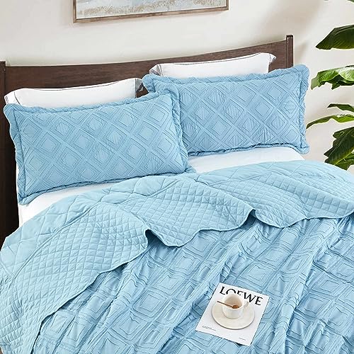 Image of Oversized King Bedspread, Clipped Jacquard Diamond Quilt Set King /Cal King, Lightweight Tufted Reversible Coverlet, Scalloped Edge - Shabby Chic Boho Look, 3 Piece, Peacock Blue