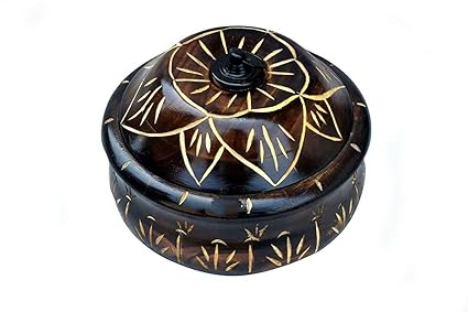 Linquard Collection Store Wooden Chapati Box Mango Wood/ Mango Wood Solid Cassoerole Box Floral Chapati Box Brown