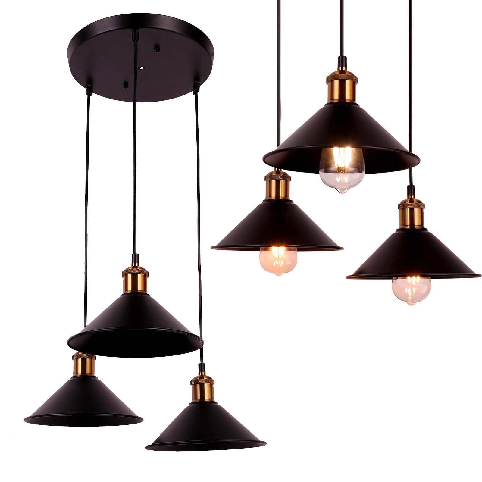 FIRVRE Hängelampe Vintage 3-Flammig, Runde Kronleuchter Klein Schwarz Gold, Pendelleuchte Höhenverstellbar für Wohnzimmer Küche Esstisch
