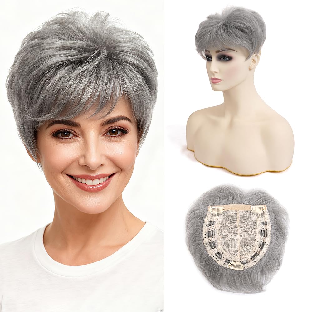 Photo 1 of Short Hair Topper for Thinning Hair 5.5 Inch Short Pixie Cut Toppers Pieces Natural Curly Texture Synthetic Black Wiglets Hairpieces (Mix Grey, 4 Inch)