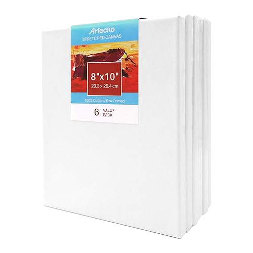 Artecho 8x10 Inch Stretched Canvas, White Blank 6 Pack, Primed 100% Cotton, Value Bulk Pack for Painting, Acrylic Pouring, Oil Paint & Artist Media - 8x10"-6 Pack