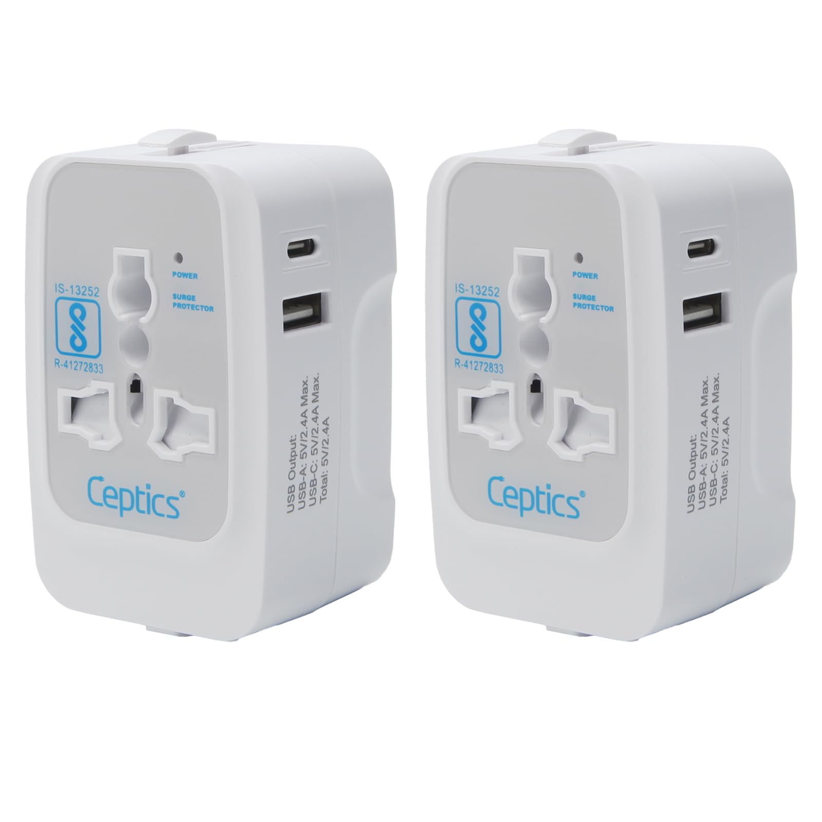 ceptics universal travel adapter with type c, 3 in 1 universal adapter plug, travel accessories with 2 usb a & 1 usb-c, travel international adapter all in one - 2 pack