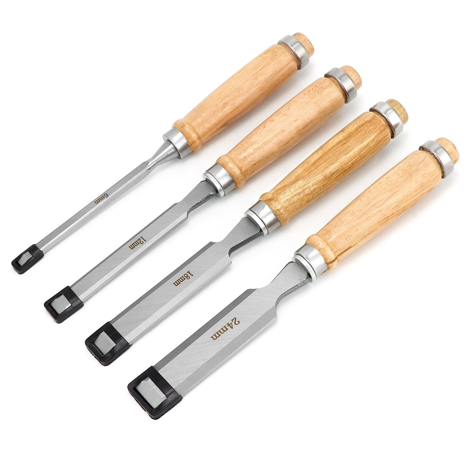 QWORK® 4 Pieces Wood Chisels 6, 12, 19, 24 mm, Hardened Carbon Steel Chisels with Ergonomic Handle and Impact Cap