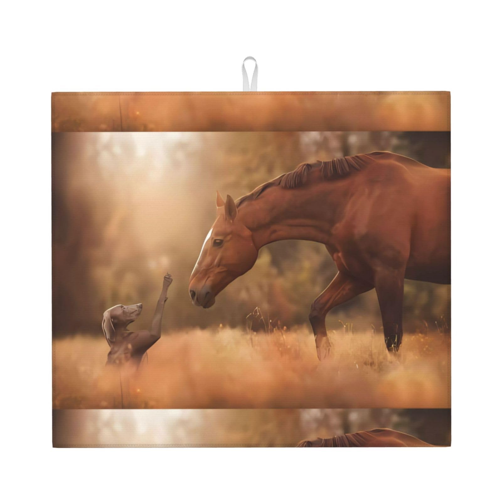 WHJSSF Horse Meets Dog Prints Kitchen Drying Mat - Absorbent Dish Drying Throw with Colorful Prints, Quick-Dry Countertop Layer for Dishes & Appliances - Non-Slip & Foldable