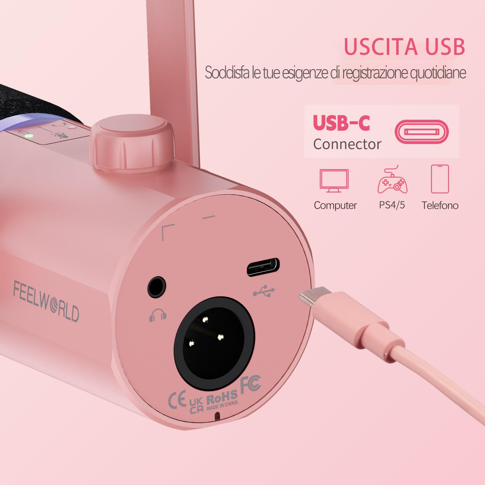 FEELWORLD PM1-AS USB/XLR Micro Gaming Streaming (per PC PS4 PS5), RGB Dynamic Iris Microphone, Pink with Stand, for Gaming, Podcasting, Broadcasting