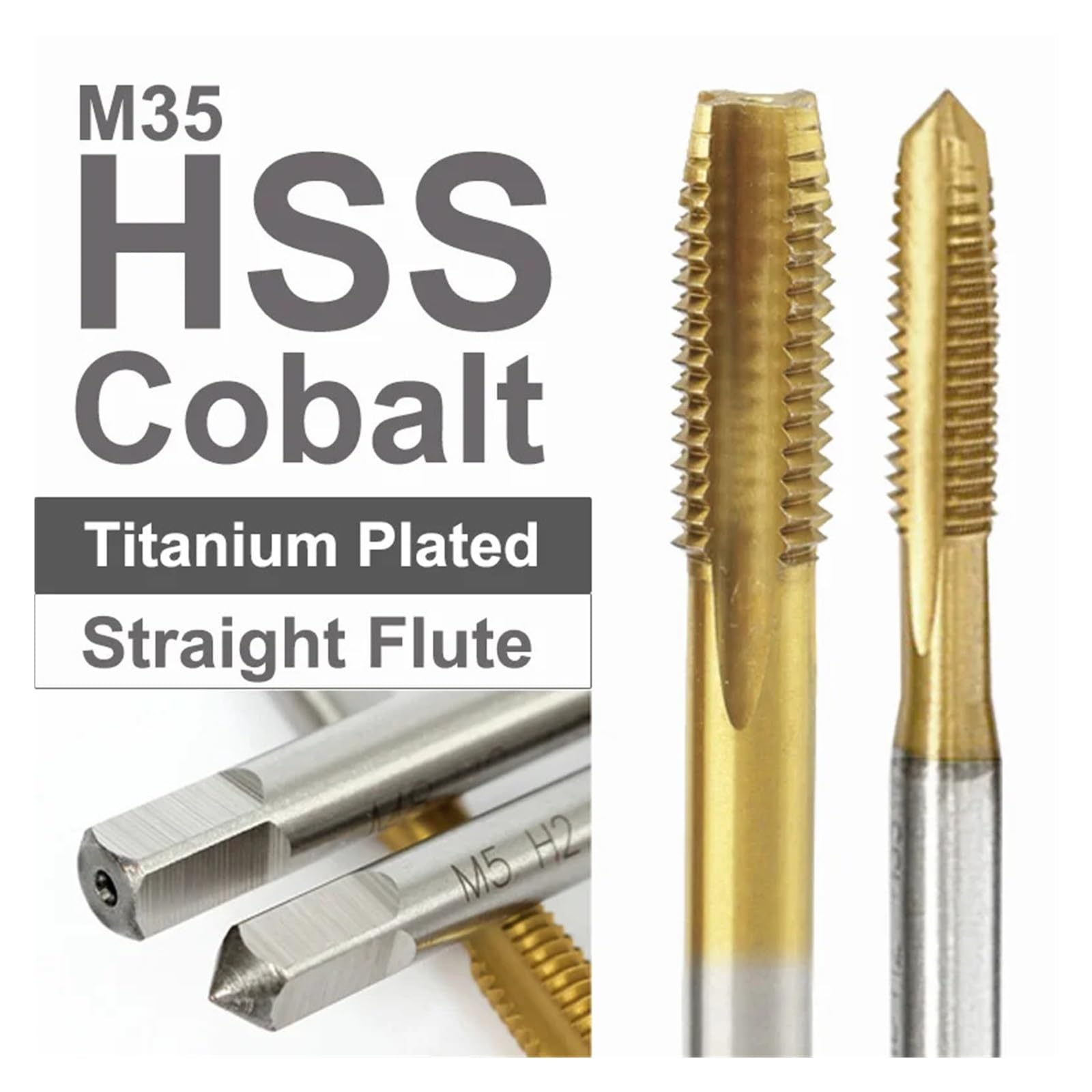 Macho de taladrar, machos de roscar métricos, rosca de máquina de flauta recta/espiral chapada en titanio cobalto M35 HSS for M2-M16 de Metal(Hssco Tin Straight,10 PCS-M8X1.25)