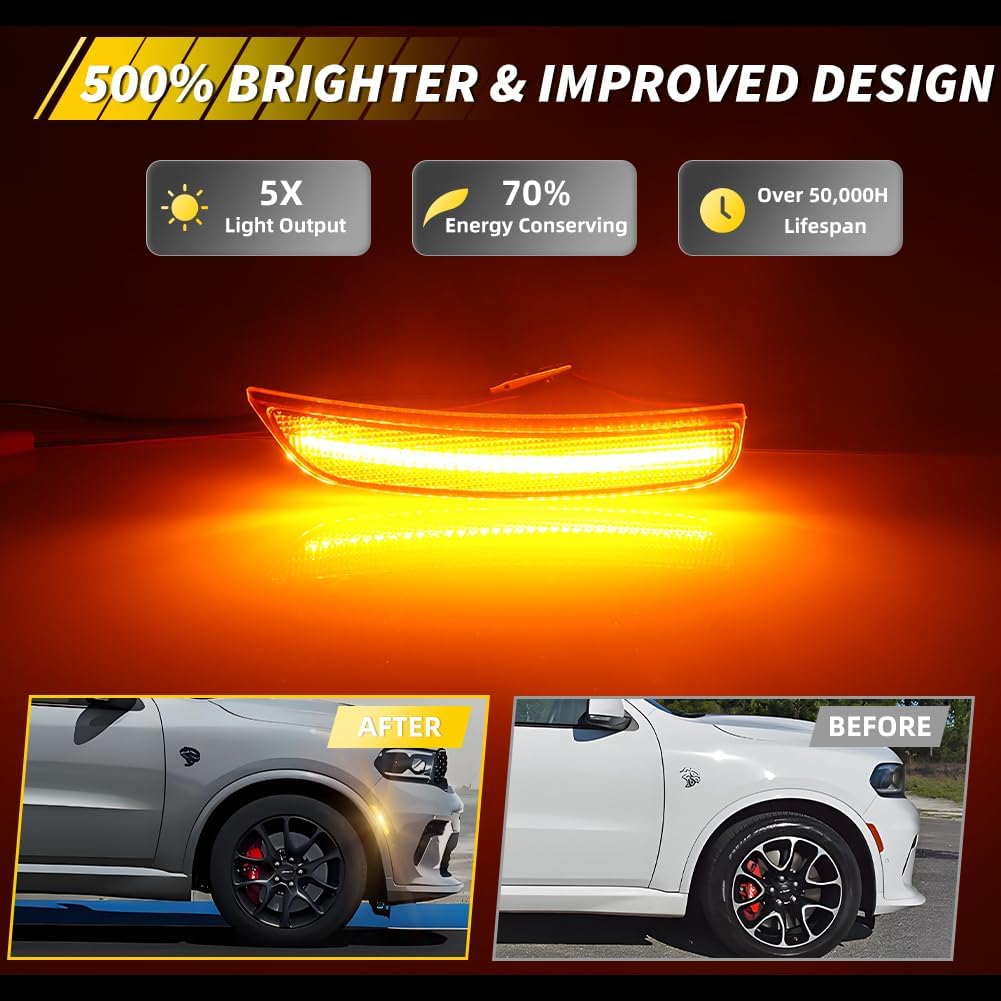 Front Side Marker Light Compatible with Dodge Durango 2021 2022 2023, [DOT Certified] [IP67 Waterproof] Amber LED Turn Signal Marker Light, 2 PCS, Amber Lens