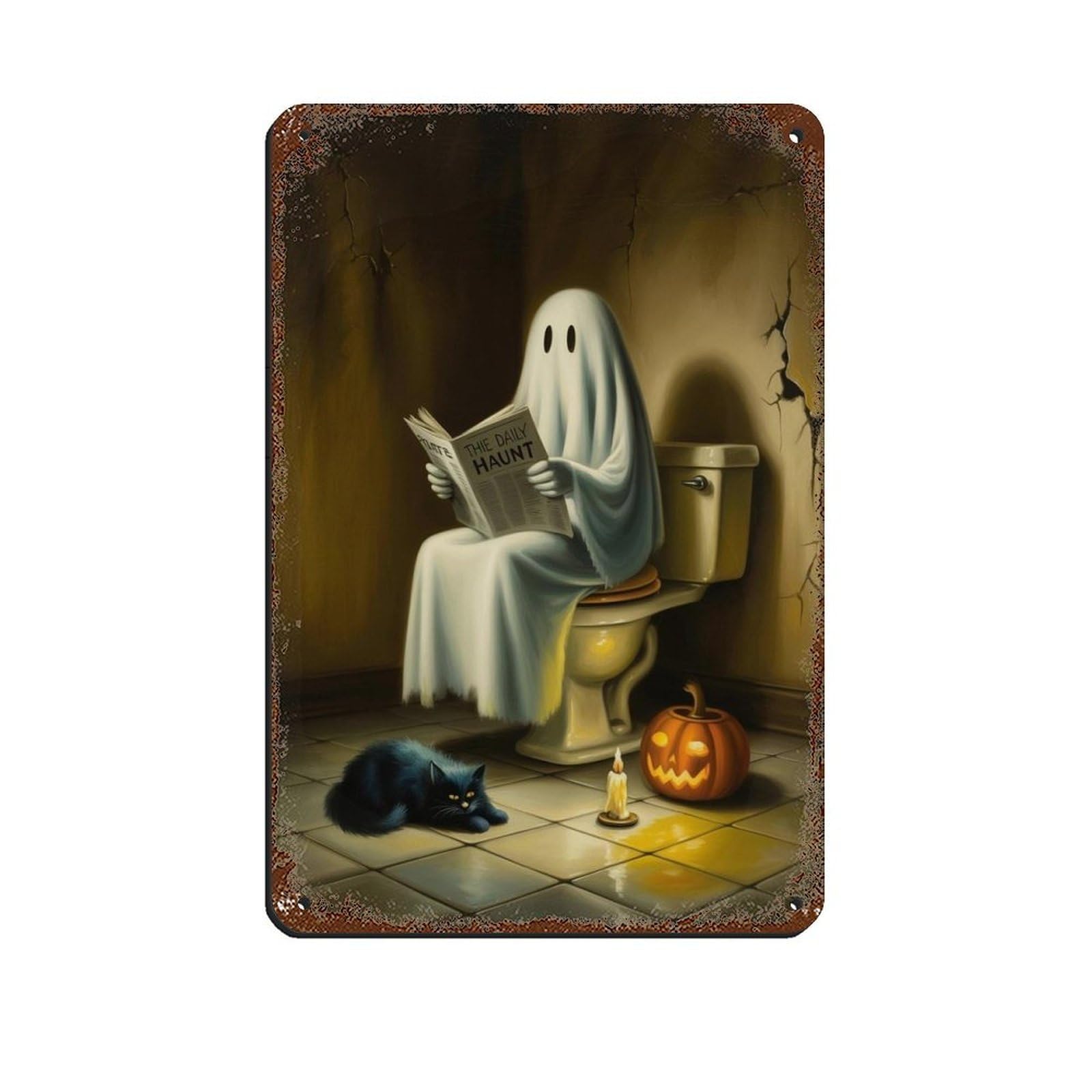 Ghost Reading A Newspaper on Toilet Poster Tin Sign Vintage Metal Pub Club Cafe Bar Home Wall Art Decoration Poster Retro 8x12inch(20x30cm)