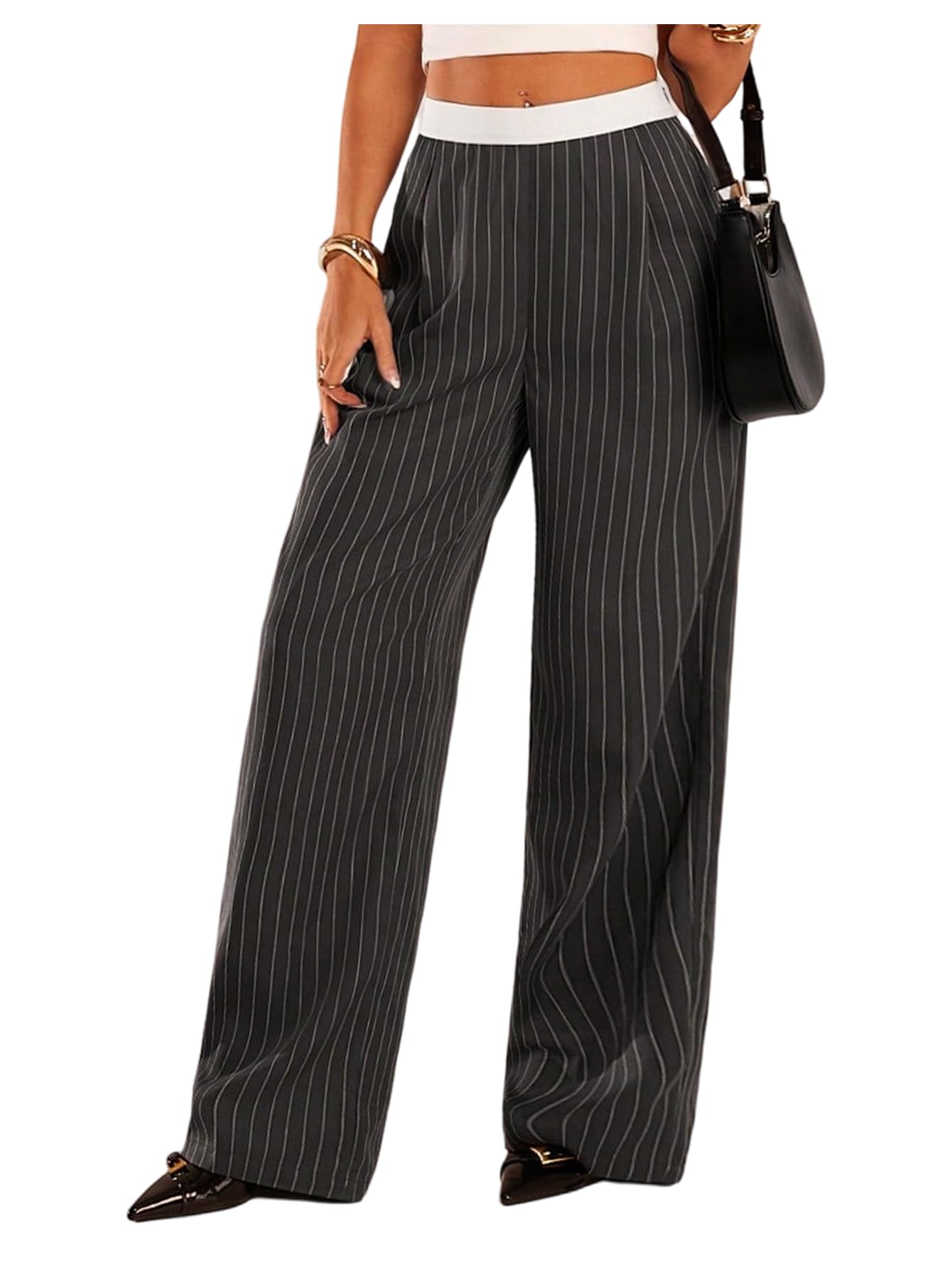 GORGLITTER Womens Low Rise Waisted Dress Pants Striped Wide Leg Straight Trousers Work Slacks Pants Business Casual Outfits