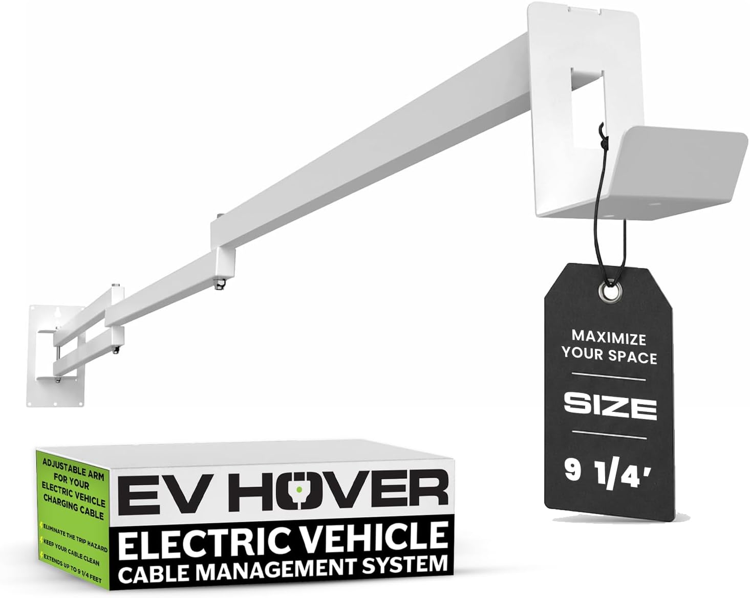 EV Charging Cable Holder 9 ¼ ft Extendable Arm Wall Mount No Holster White