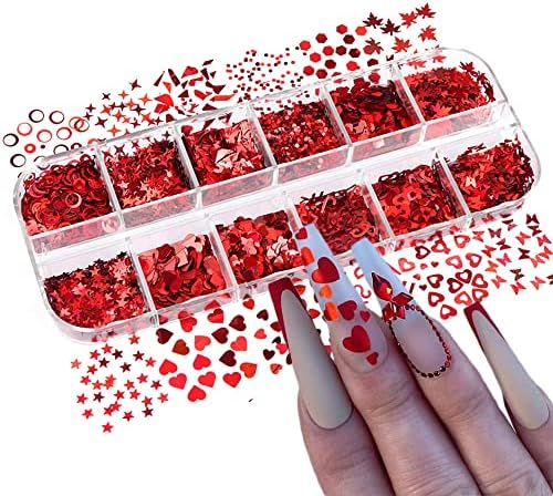 Heart Nail Art Glitter Sequins, Holographic Valentine’s Day Nail Sequin Paillettes 12 Grids 3D Heart Star Butterfly Letter Leaf Nail Glitter Flakes for Women DIY Nail Art Decorations Manicure Design