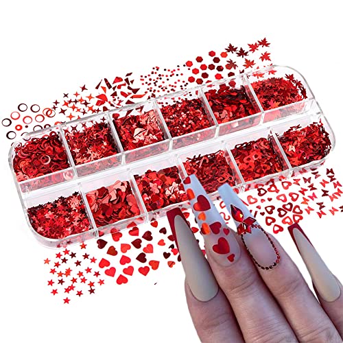 Heart Nail Art Glitter Sequins, Holographic Valentine’s Day Nail Sequin Paillettes 12 Grids 3D Heart Star Butterfly Letter Leaf Nail Glitter Flakes For Women Diy Nail Art Decorations Manicure Design #TOP2