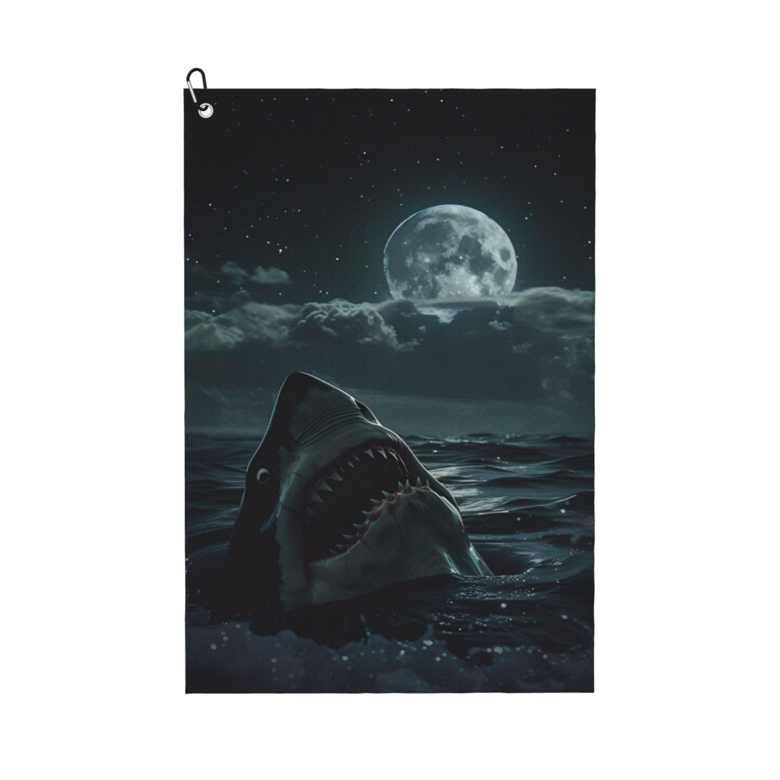AOOEDM Moonlit Night Sky Shark Print Golf Towel with Carabiner Clip Absorbent Microfiber Golf Towel for Cleaning Golf Ball Club Putter Iron for Golf Bag Trolly Belt Loop 16" X 24"