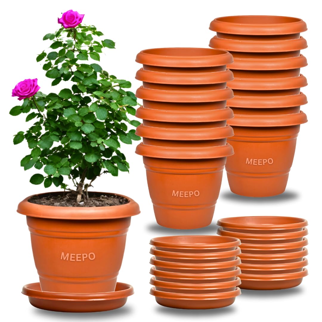 Meepo Brown 14 Inch Planters - 12 Pcs, Gamla Pots for Home, Indoor Outdoor Flower Pots, Drip Tray Pots with Plates-image-46