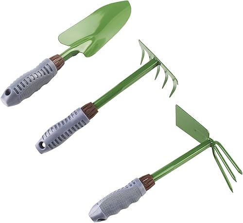 Juego de 3 herramientas de jardinería resistentes, pala de jardinería de acero inoxidable, rastrillo de cinco dientes, herramientas de excavación