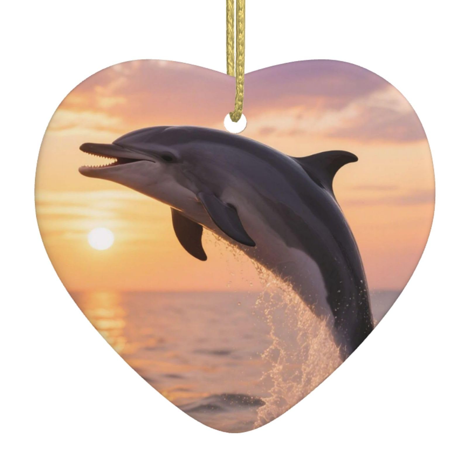 Dolphin Sunset Christmas Ornament 2025 Heart Ceramic Hanging Ornaments for Home Decor Christmas Decorations with Gold Rope Double-Sided Xmas Tree Ceramic Hanging for Holiday Party