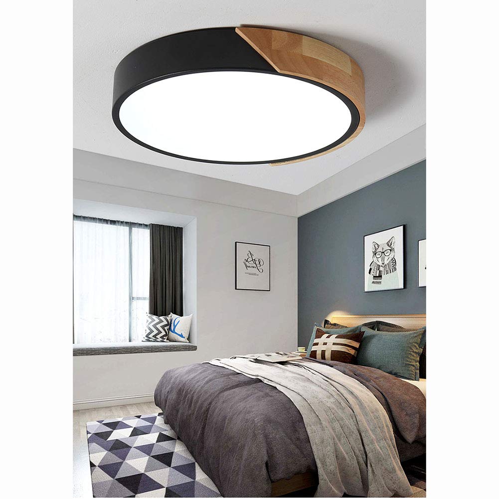 Led De Madera Lámpara De Techo Fxture Moderno Con Control Remoto Negro Plafon Led Techo Montaje Empotrado Interior Redondo Plafon Led Techo Para Dormitorio Baño Sótano Salón-Luz blanca cálida 30cm