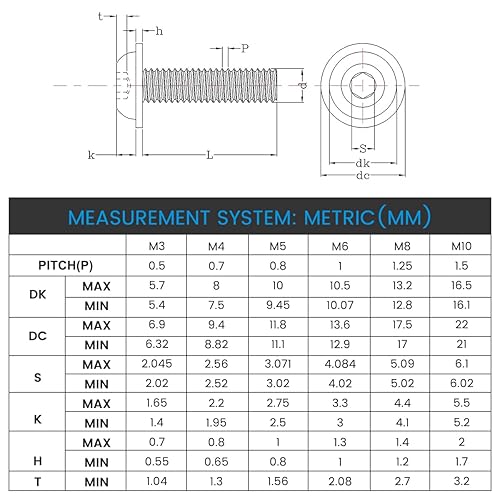 Miniatura 2 de Tornillos de cabeza de casquillo M5-0.031 x 0.472in, tornillos de cabeza de botón con brida de acero inoxidable 18-8 304 Allen hexagonal, rosca